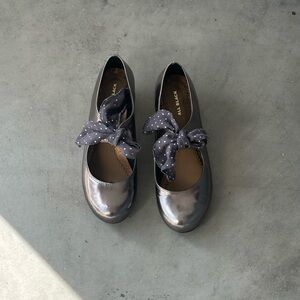 ALL BLACK metallic Mary Jane's with bow